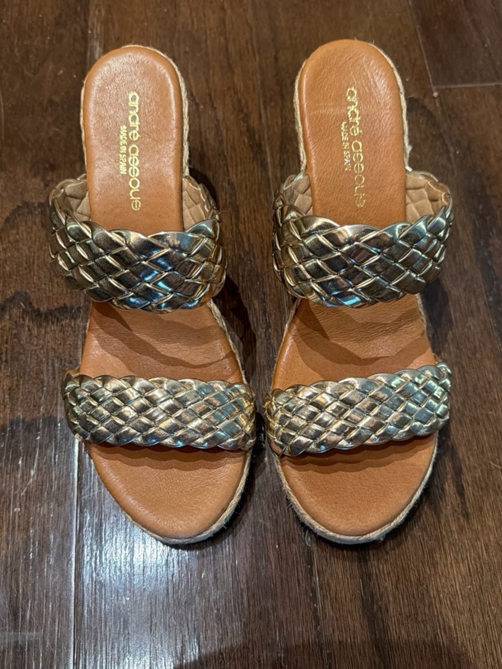 Andre Assous Metallic Gold Braided Double-Strap Slide Sandals